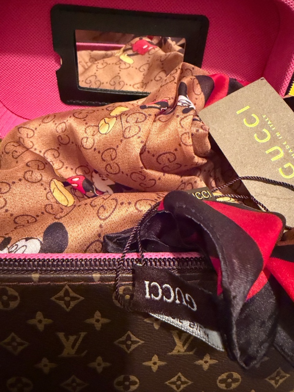 Gucci Brown Monogram Silk Scarf with Red and Yellow Mickey Mouse Accents in case